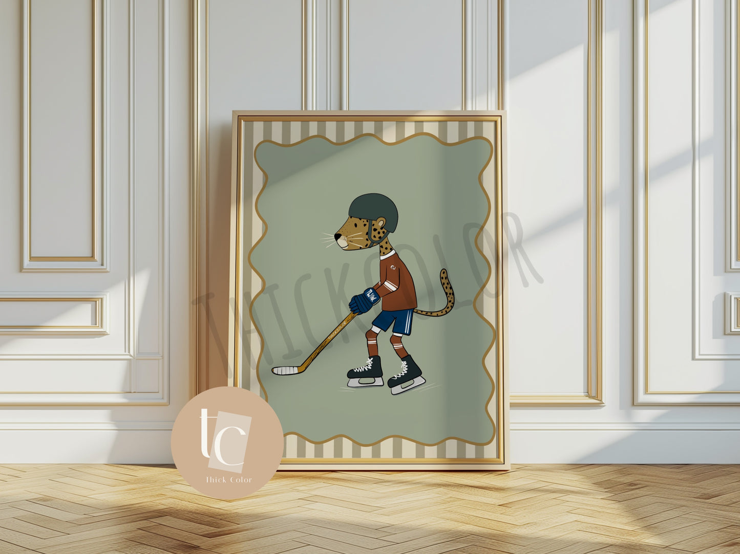 Cute leopard playing hockey with striped background Nursery print