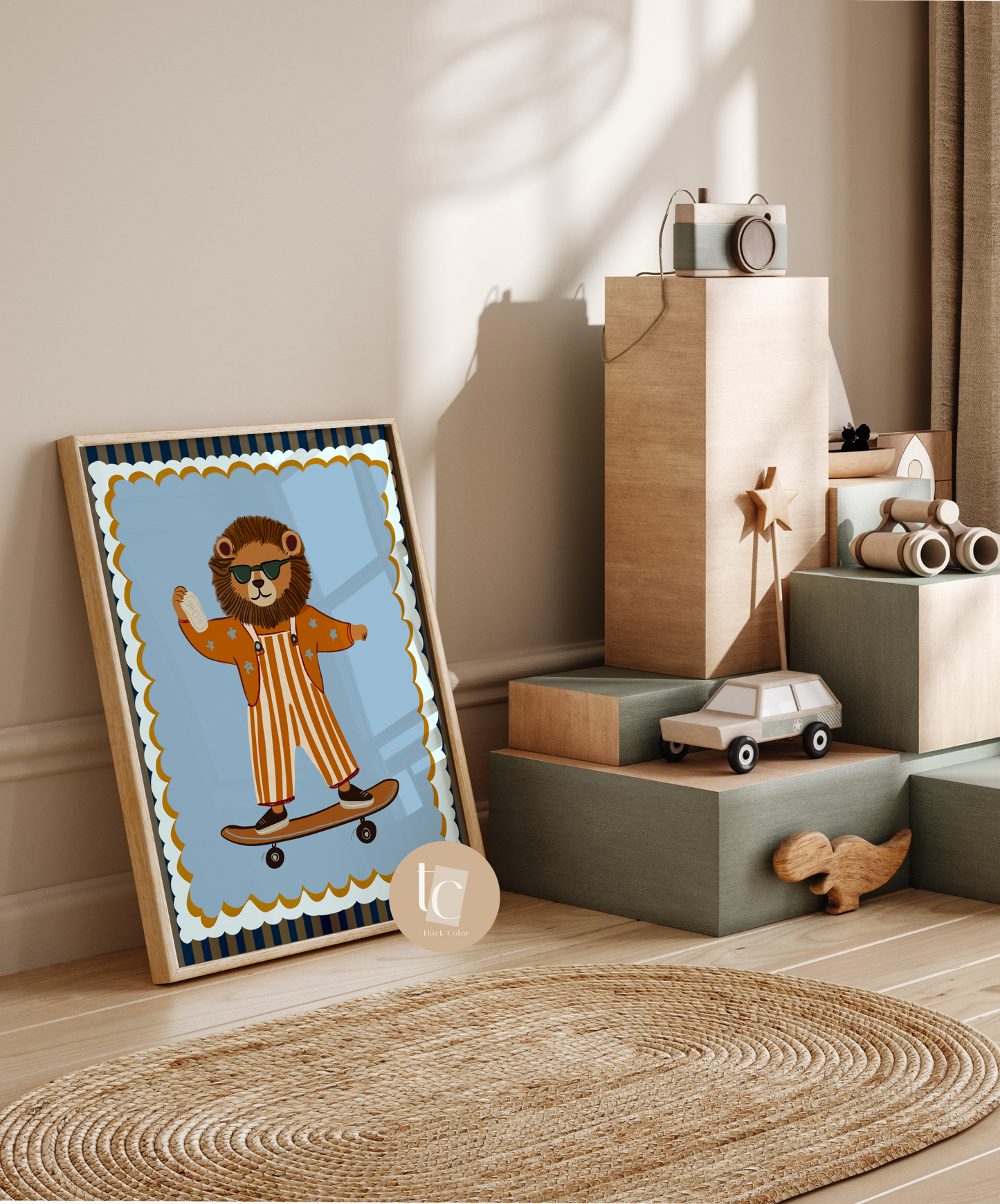 Cute lion with striped outfit skateboarding Nursery print