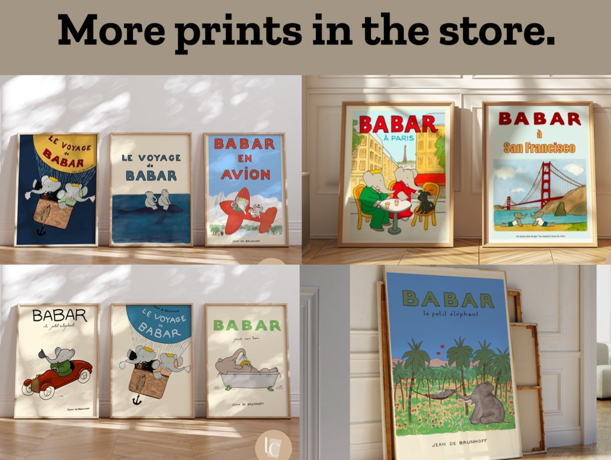 Babar the elephant hot air balloon  nursery wall art retro kids decor quote wall art genre neutral baby wall art illustration nursery print