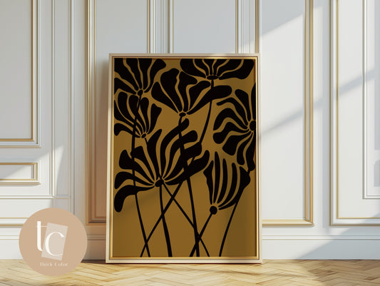 Ochre black flower stem botanical print