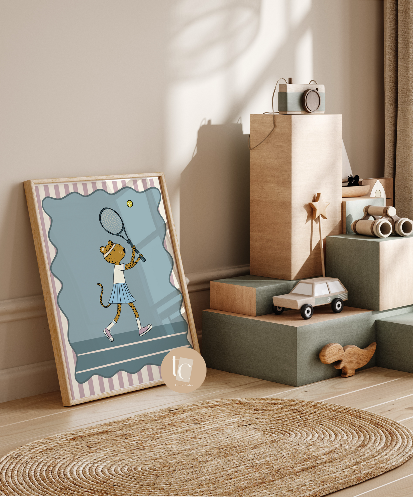 Cute leopard playing tennis with striped background Nursery print