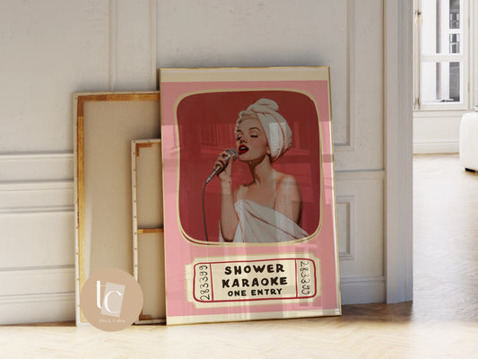 Shower karaoke ticket print funny bathroom decor shower singing retro poster bathroom art trendy cute decor