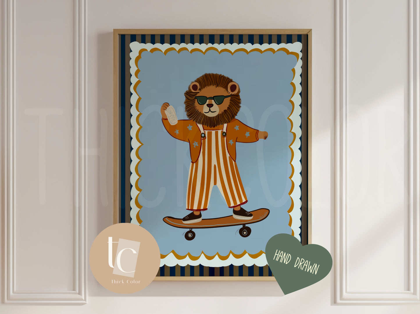 Cute lion with striped outfit skateboarding Nursery print
