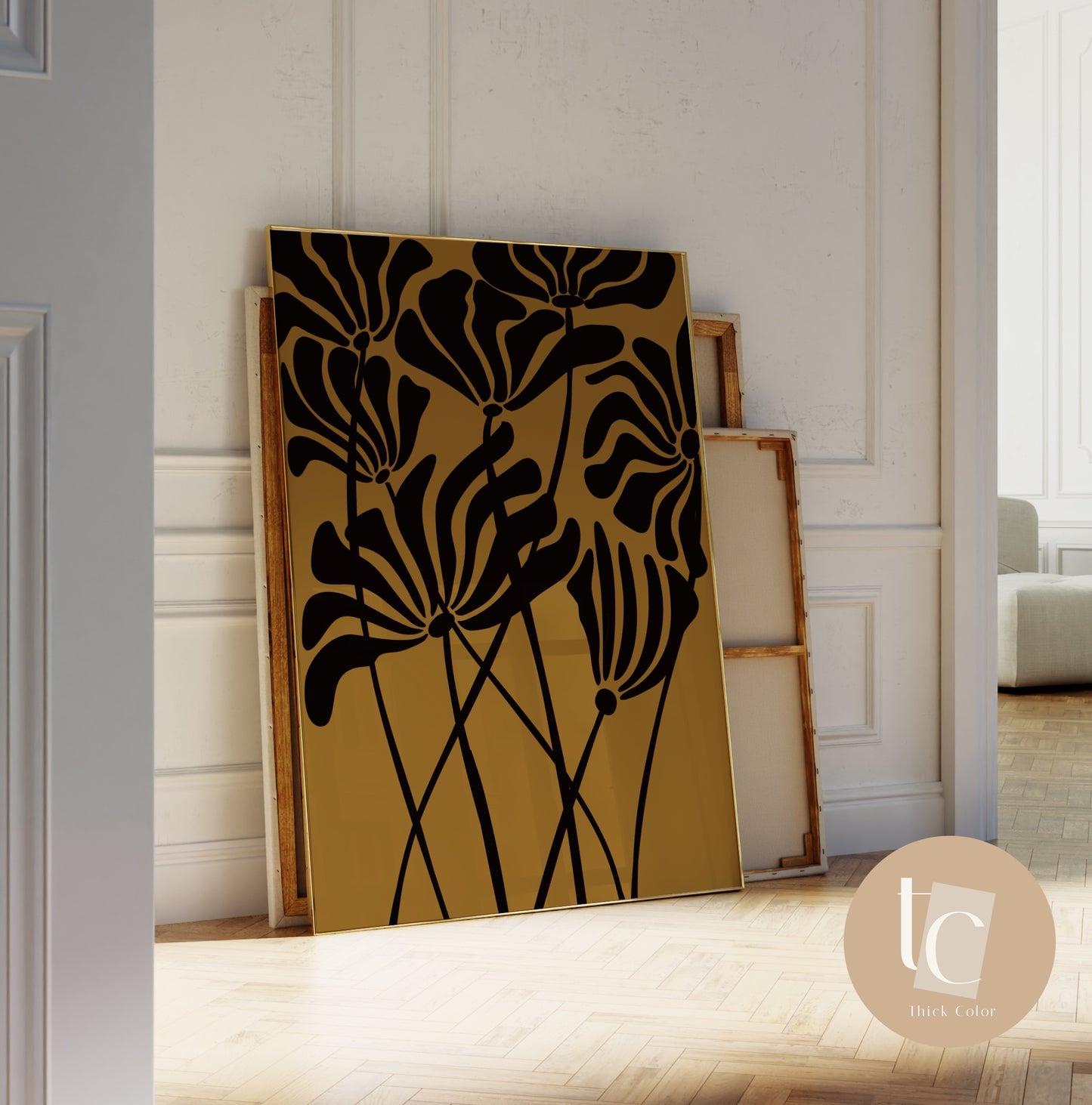 Ochre black flower stem botanical print