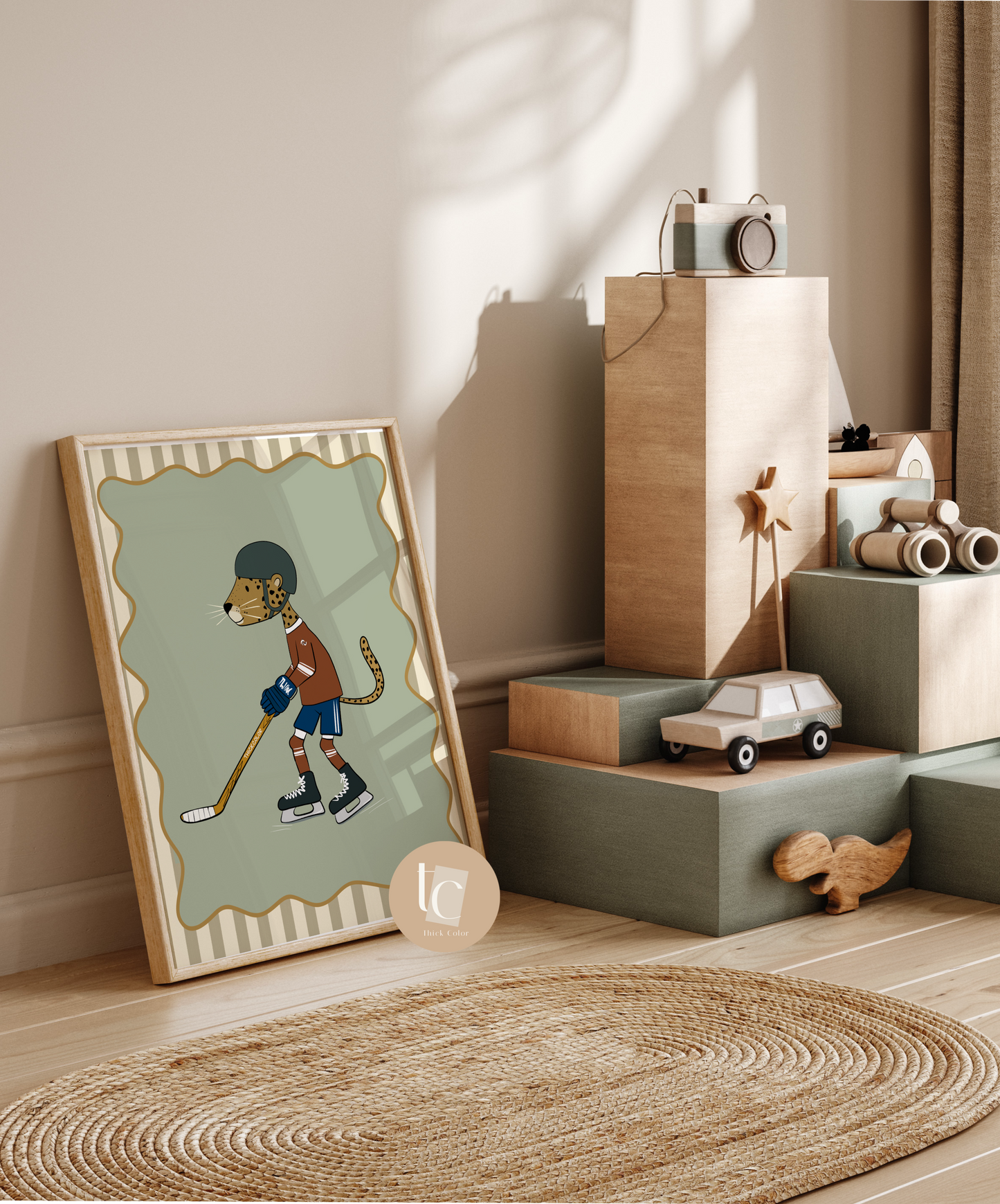 Cute leopard playing hockey with striped background Nursery print