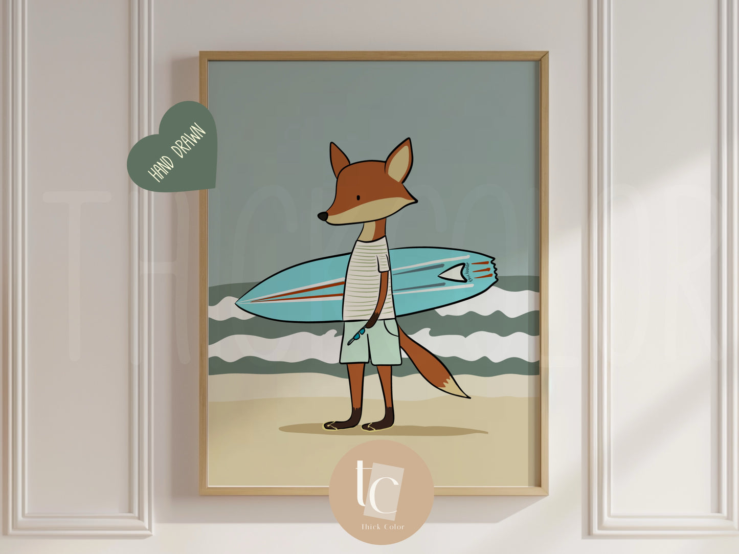 Cute fox with surfboard Nursery print