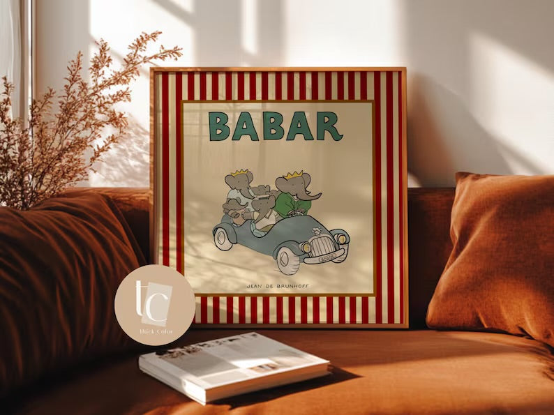 Babar le petit éléphant travelling print with red or blue stripes set of 6