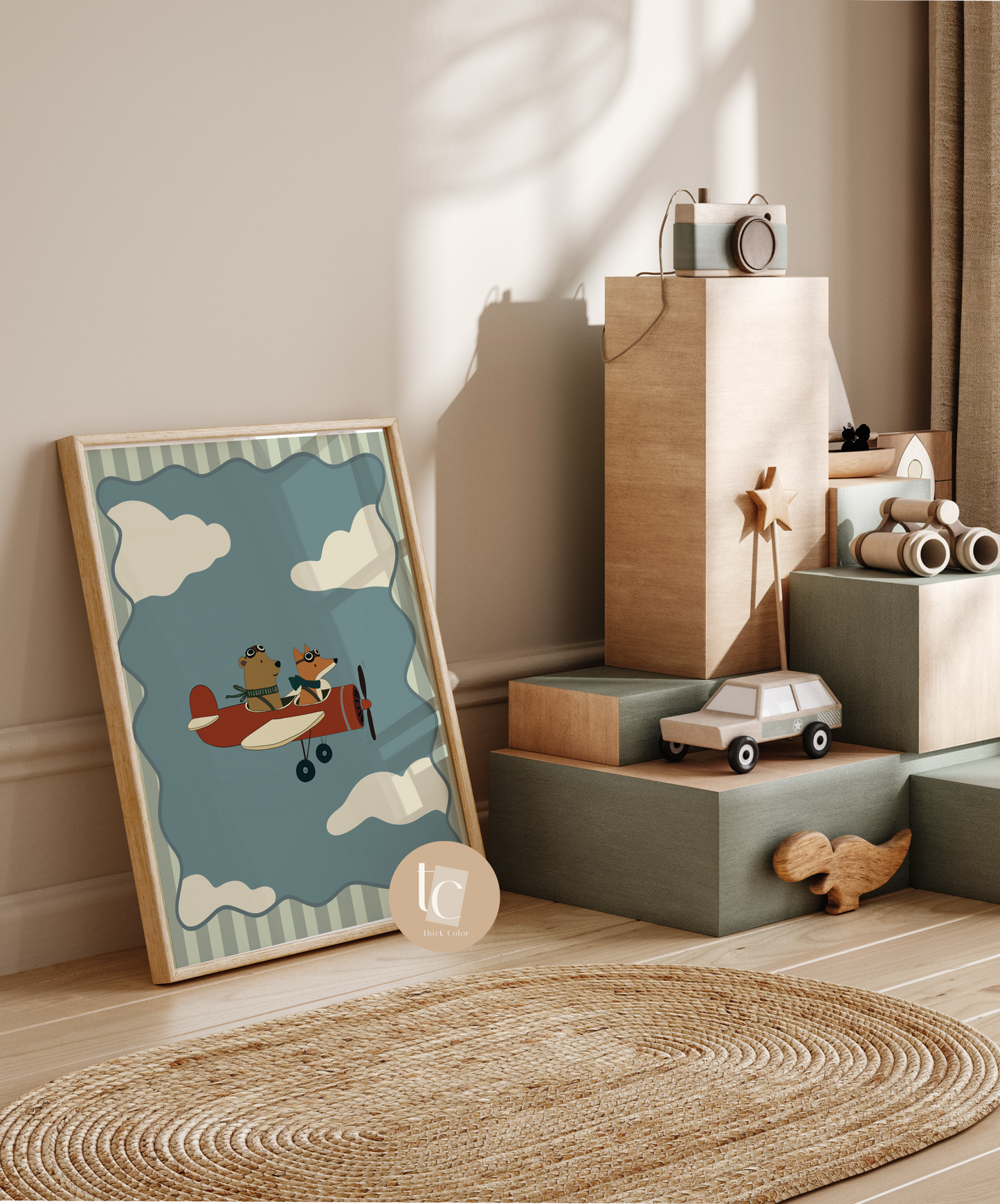 Cute Fox And Bear flying a jet plane with striped background Nursery print
