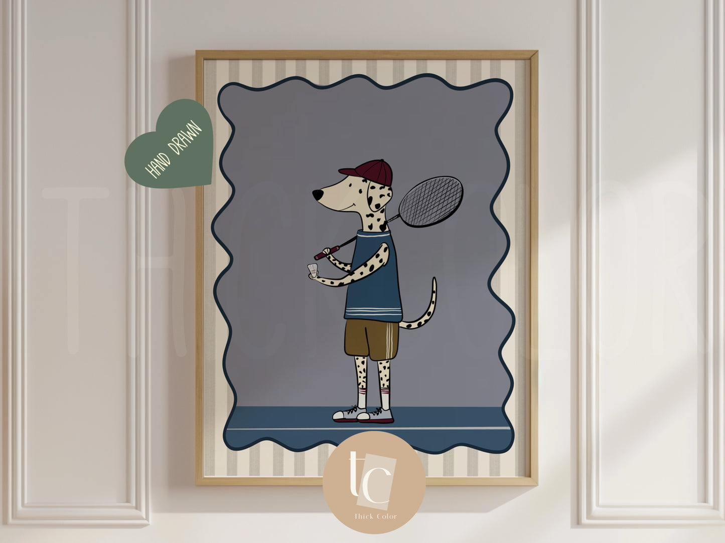 Cute Dalmatian playing badminton with striped background Nursery print