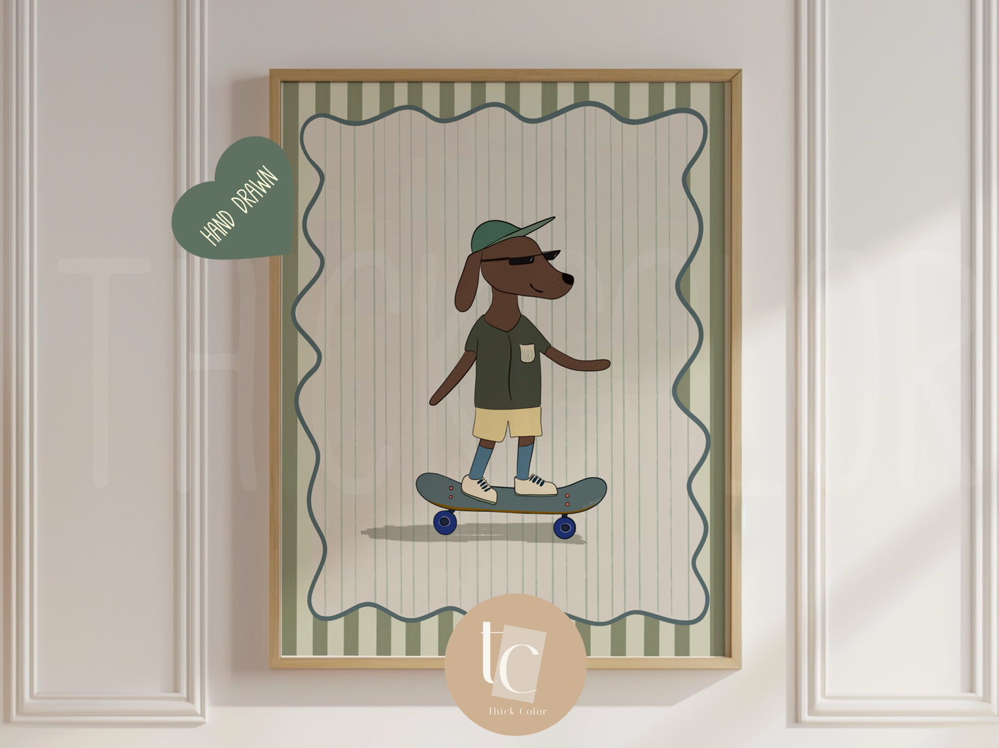 Cute Daschund dog skateboarding with striped background Nursery print