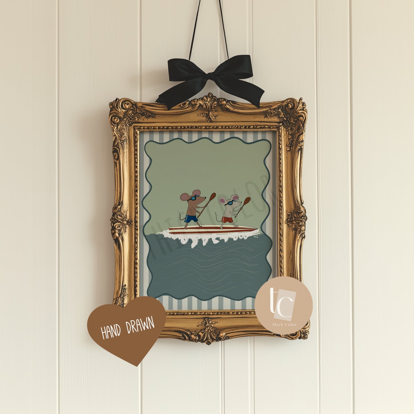 Cute Mice paddle boarding with striped background Nursery print