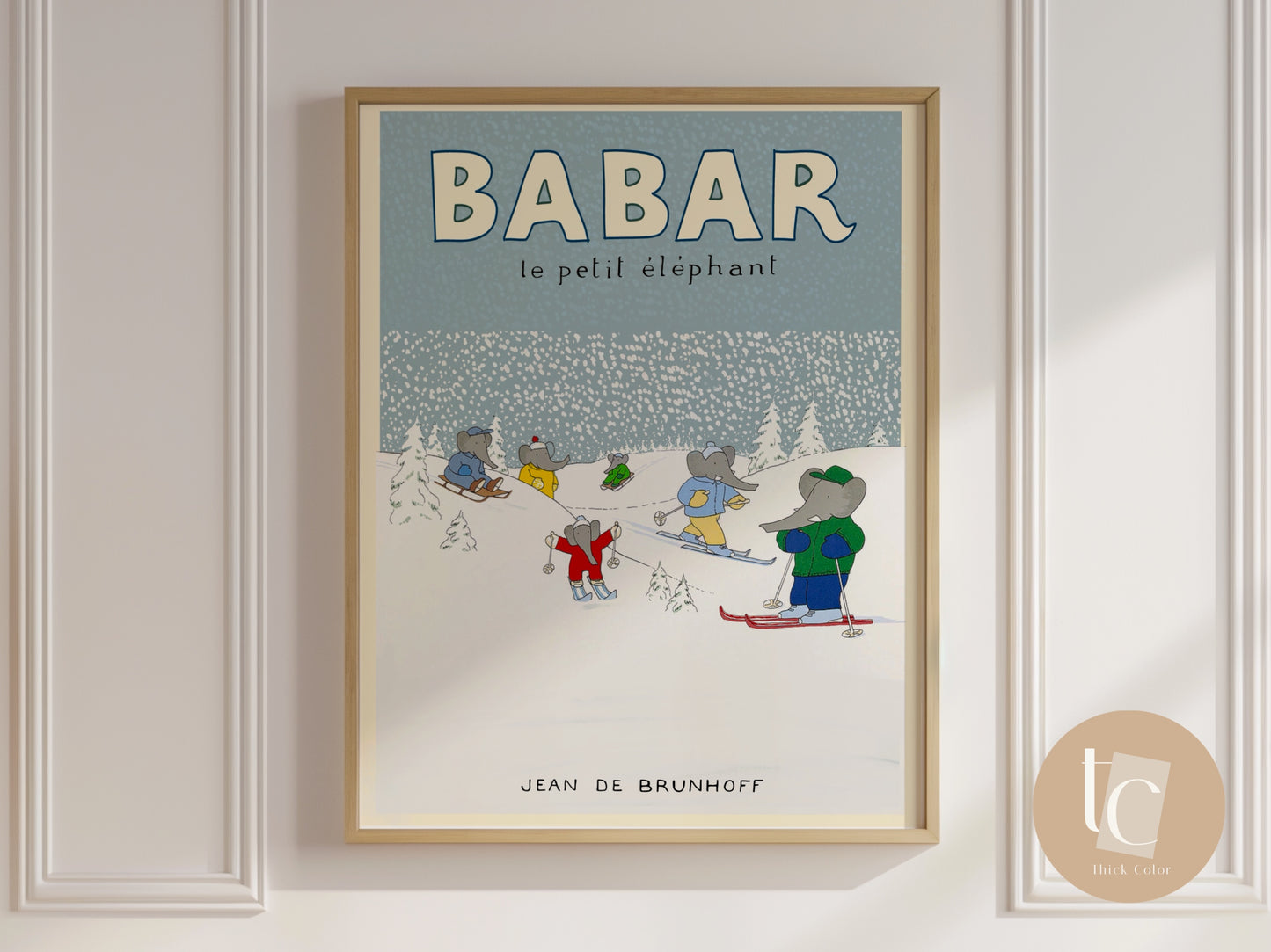 Babar the elephant ski in the snow nursery wall art retro kids decor quote wall art genre neutral baby wall art illustration nursery print