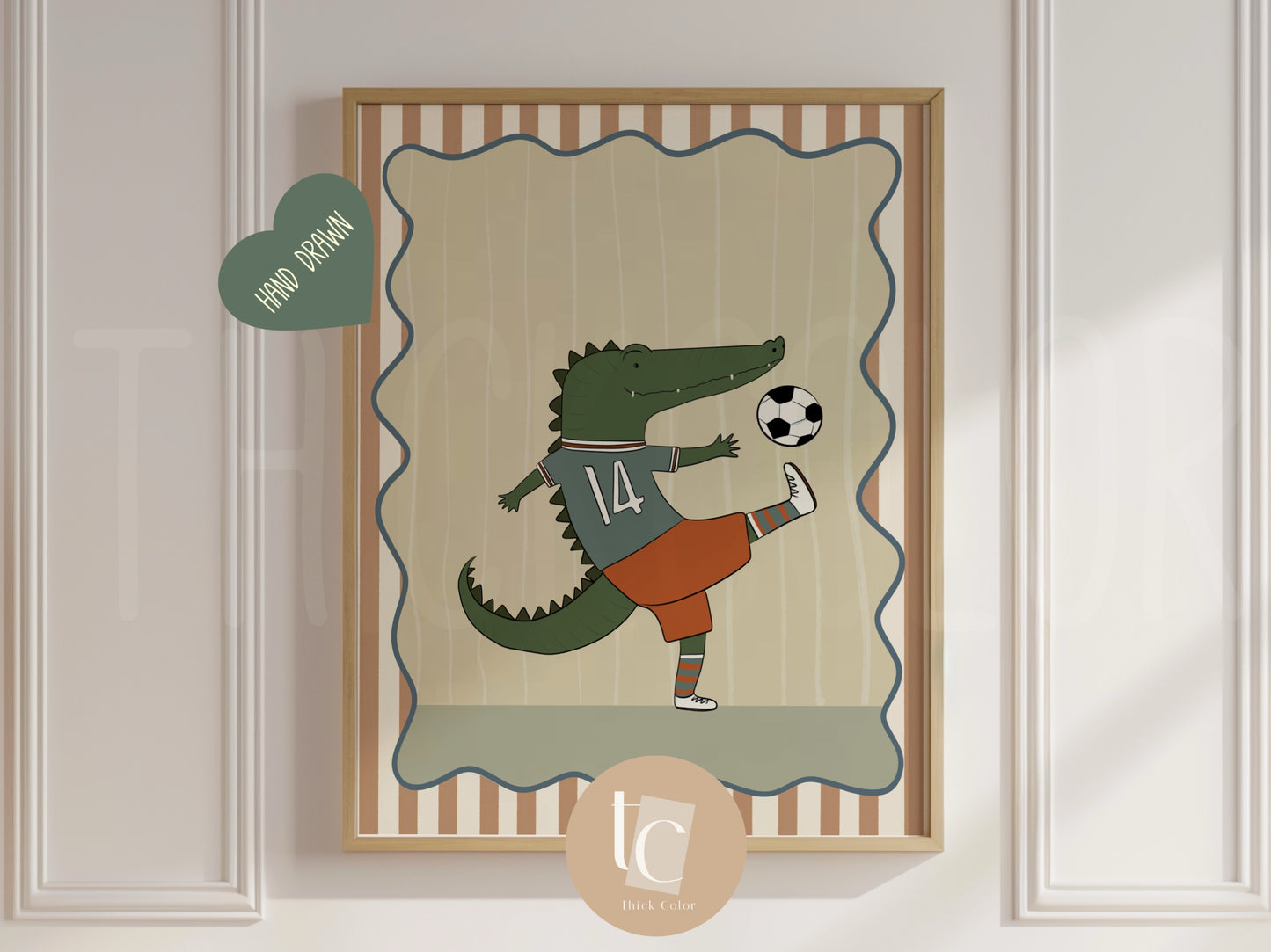 Cute Crocodile playing soccer with striped background Nursery print