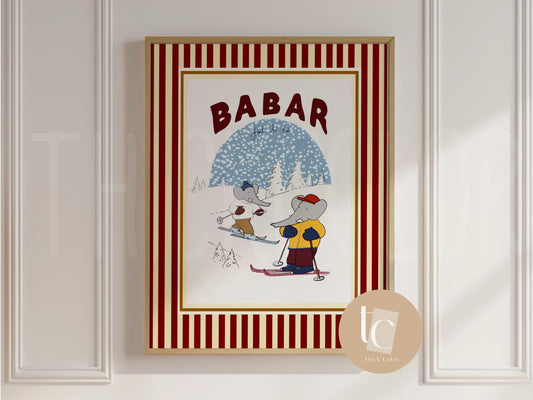 Babar and friend éléphant skiing print