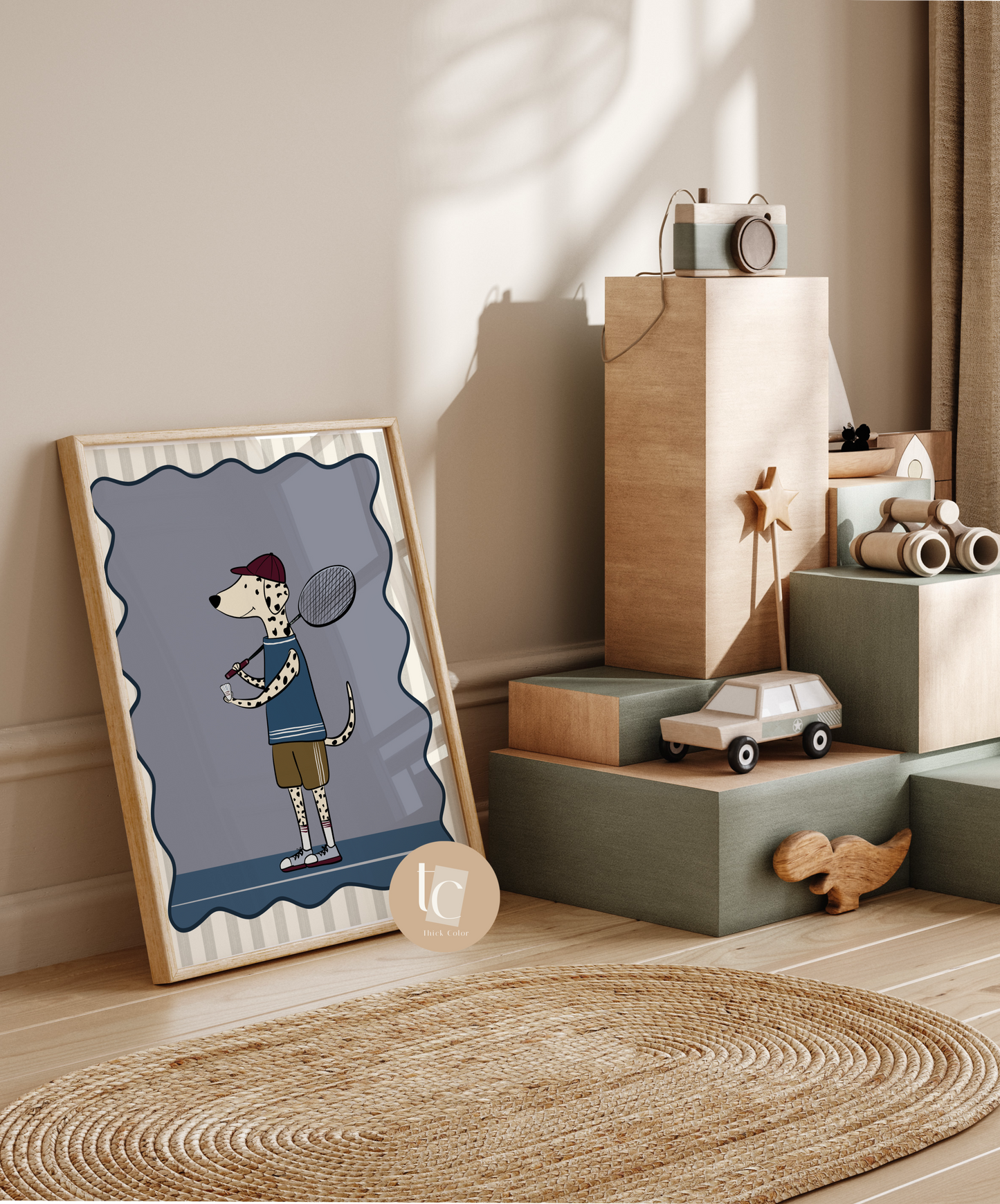Cute Dalmatian playing badminton with striped background Nursery print