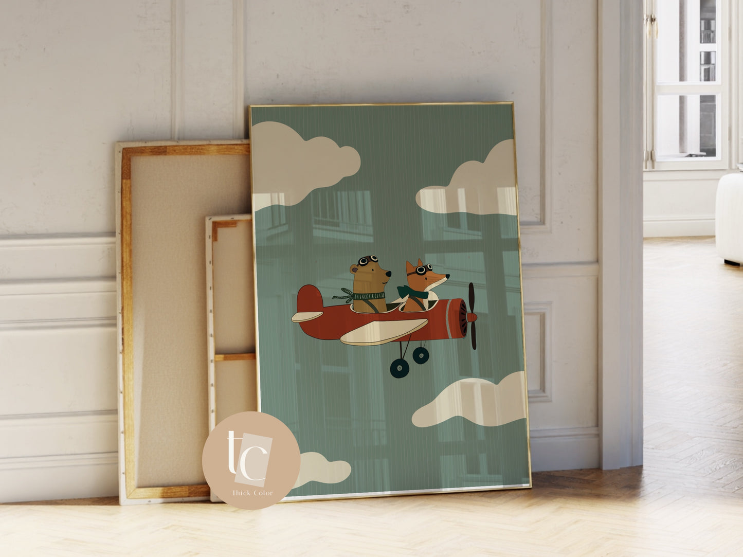 Cute Fox And Bear flying a jet plane with striped background Nursery print
