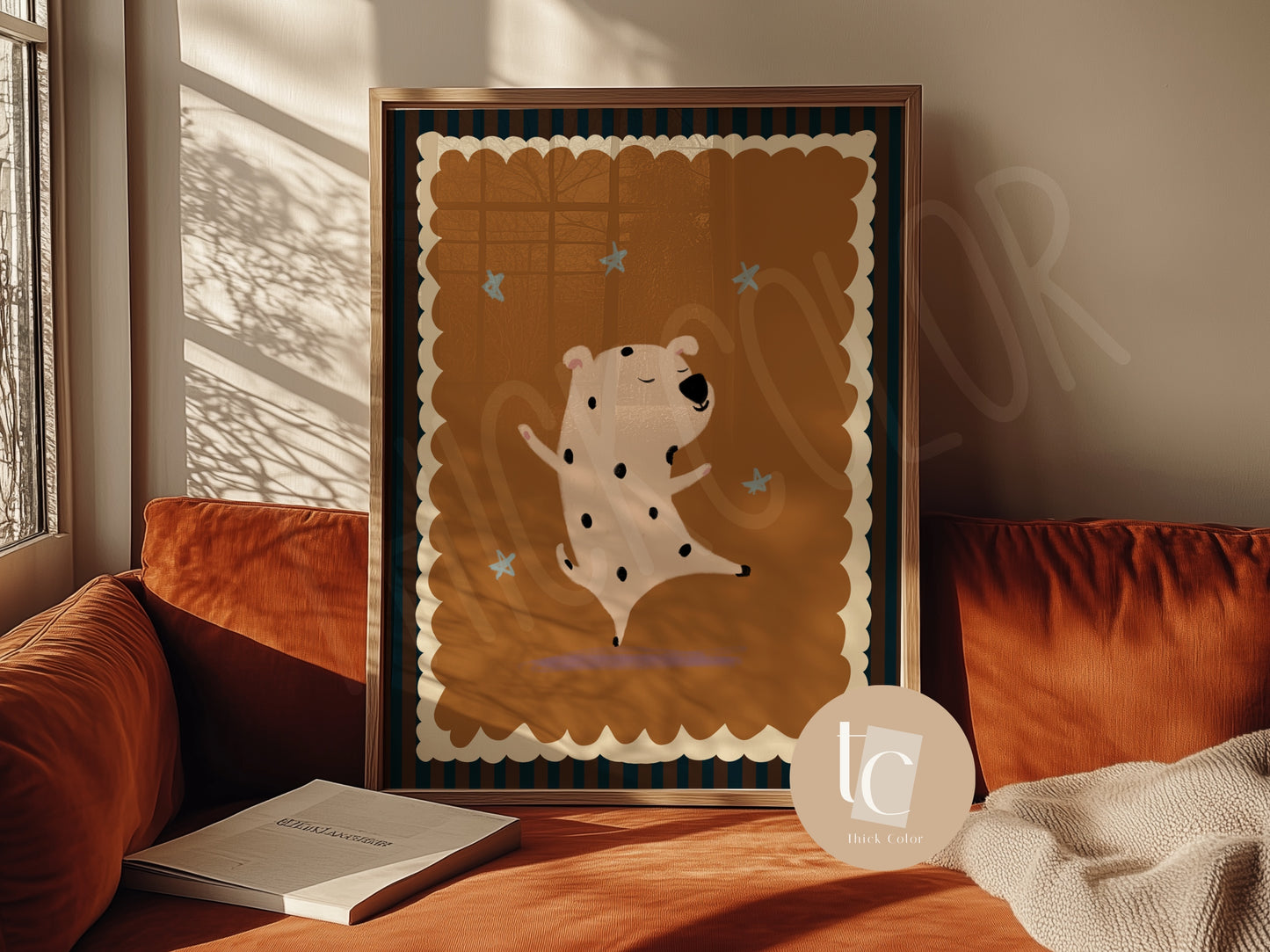 Dog Dancing with ochre Background with Stripes Nursery Print