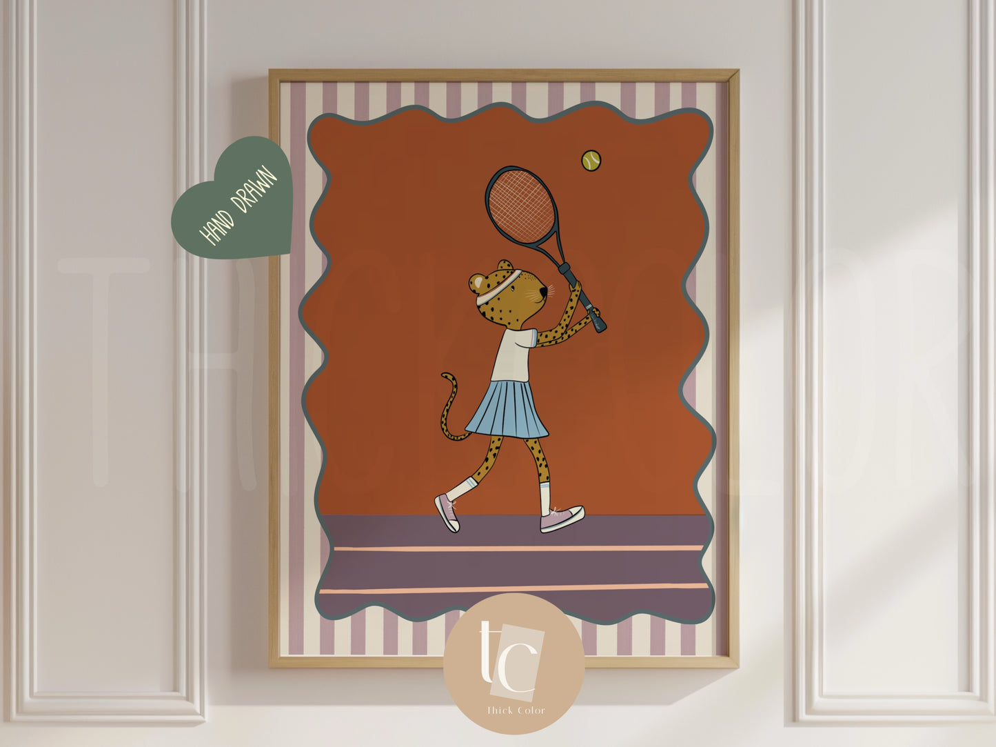 Cute leopard playing tennis with striped background Nursery print