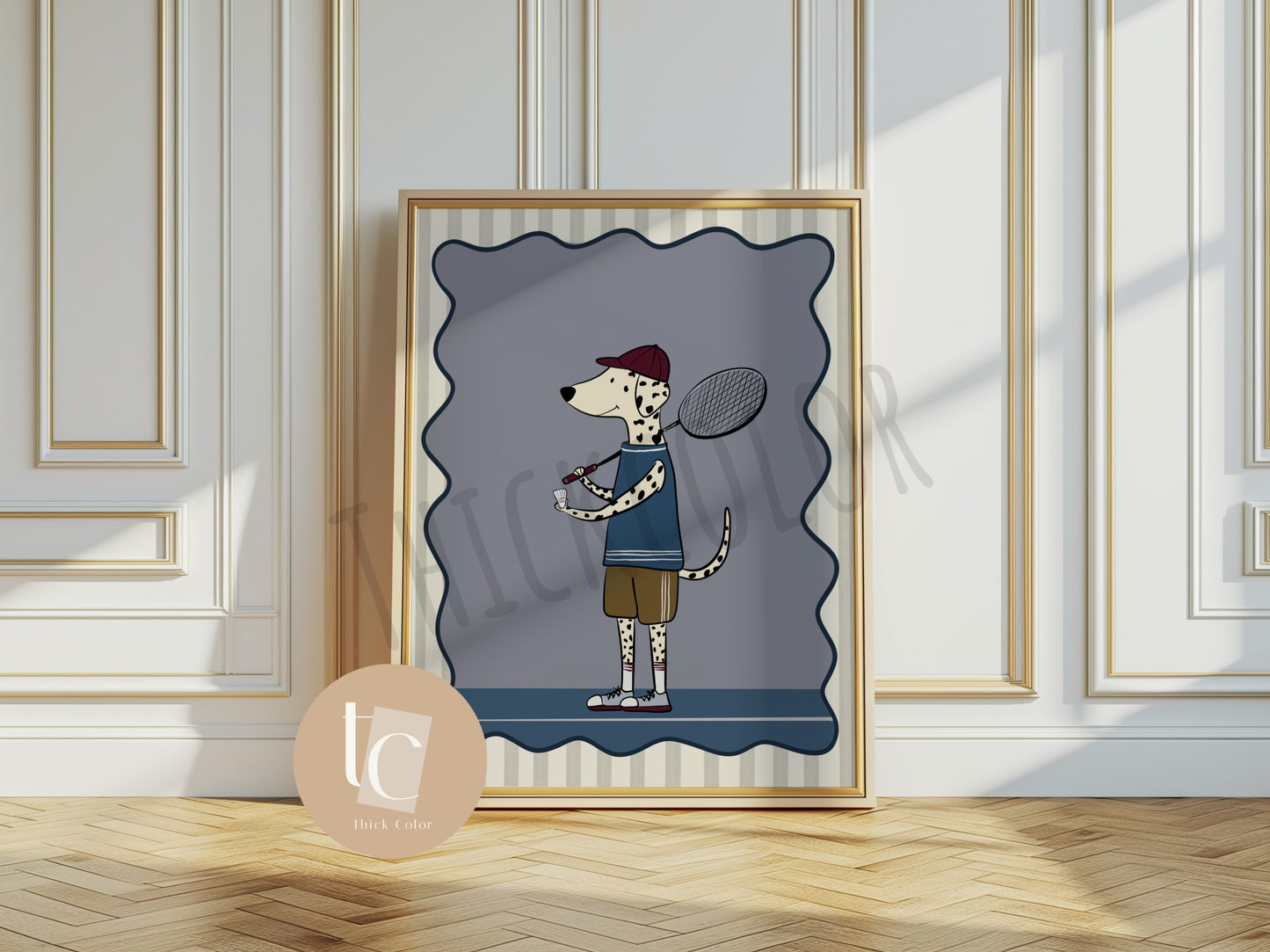 Cute Dalmatian playing badminton with striped background Nursery print