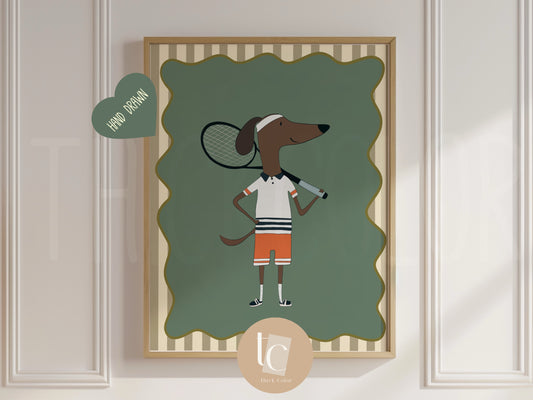 Cute Daschund dog playing tennis with striped background Nursery print