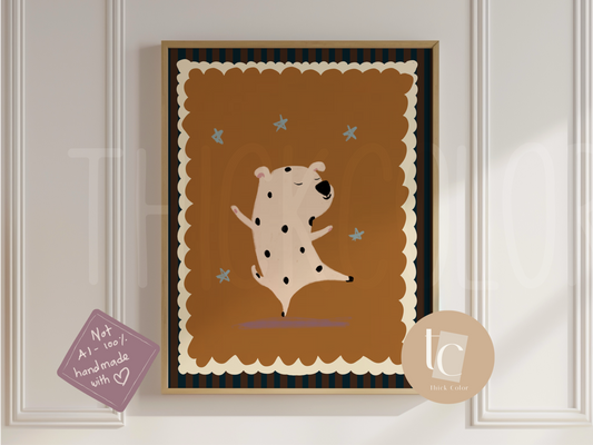 Dog Dancing with ochre Background with Stripes Nursery Print