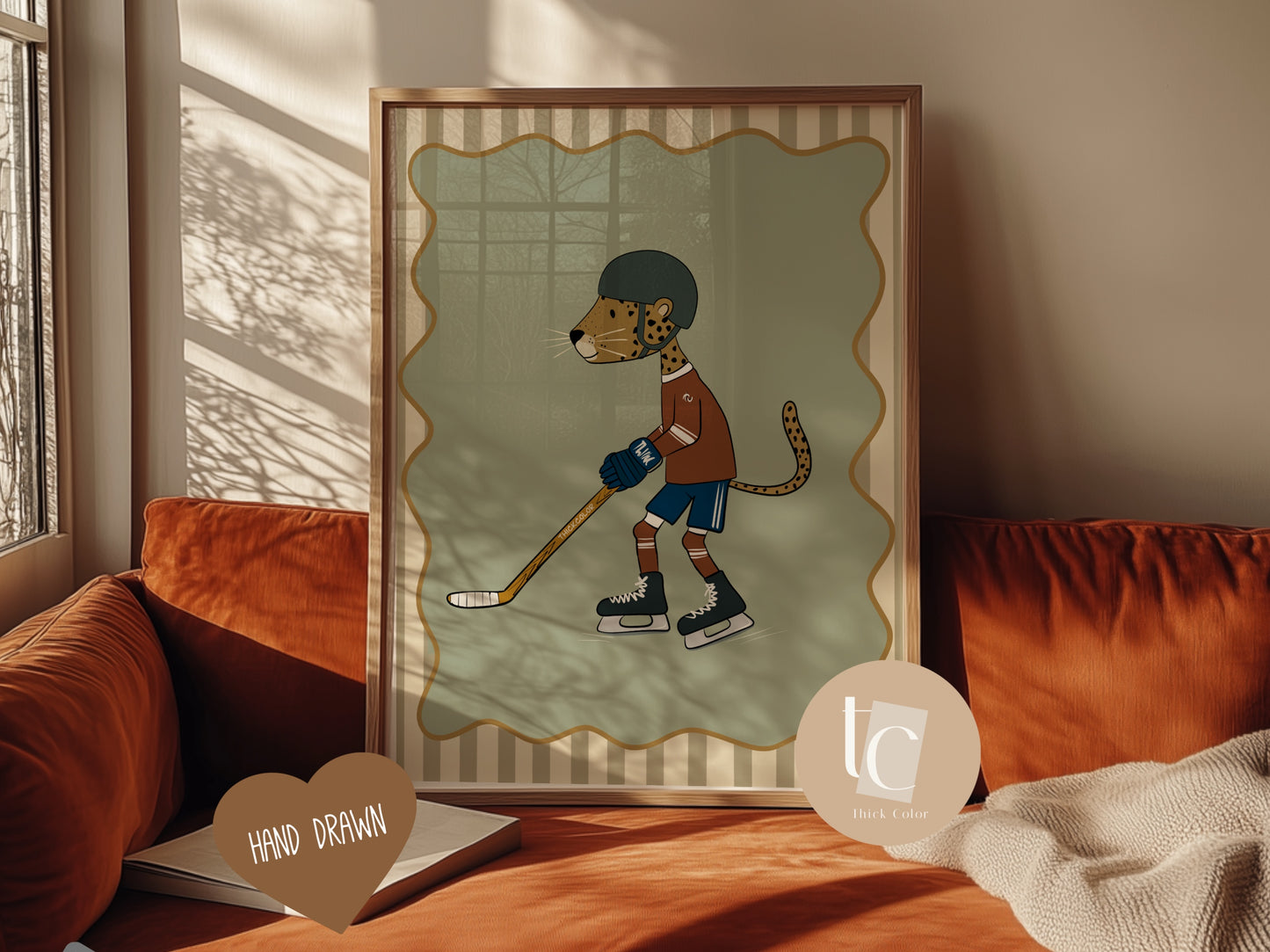 Cute leopard playing hockey with striped background Nursery print