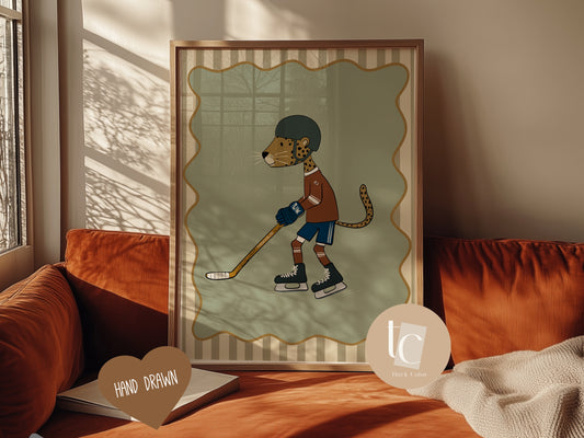 Cute leopard playing hockey with striped background Nursery print