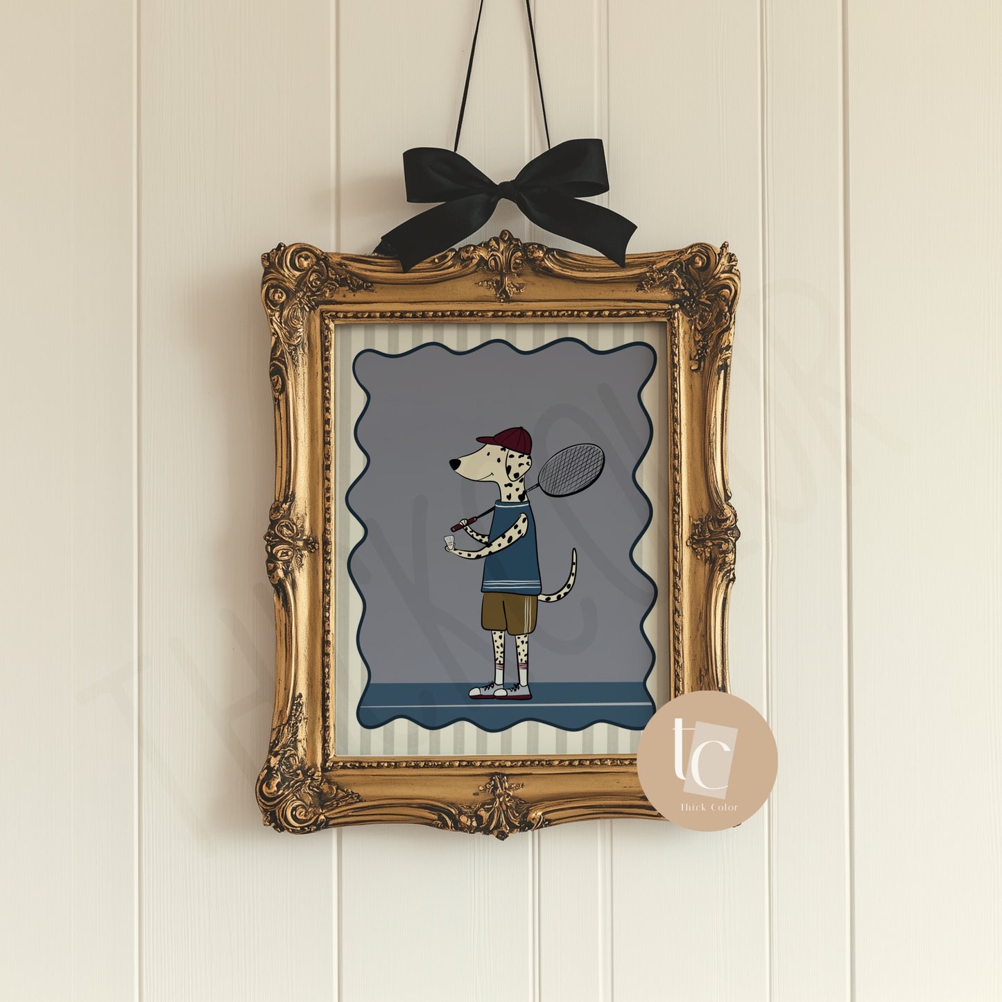 Cute Dalmatian playing badminton with striped background Nursery print