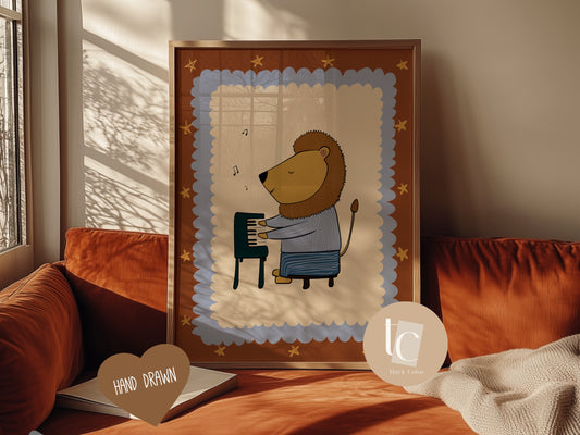 Cute Lion playing piano Nursery print