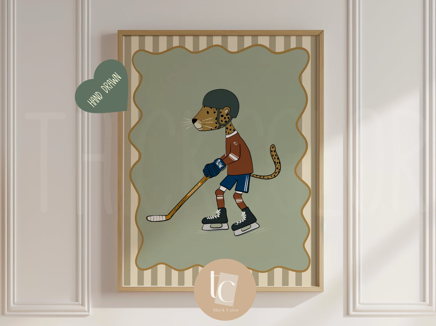 Cute leopard playing hockey with striped background Nursery print