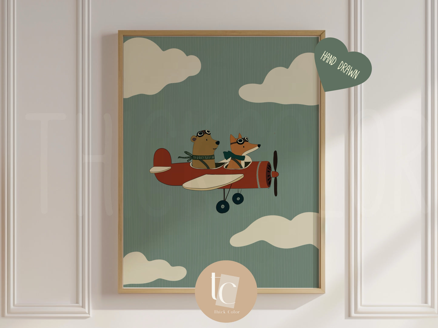 Cute Fox And Bear flying a jet plane with striped background Nursery print