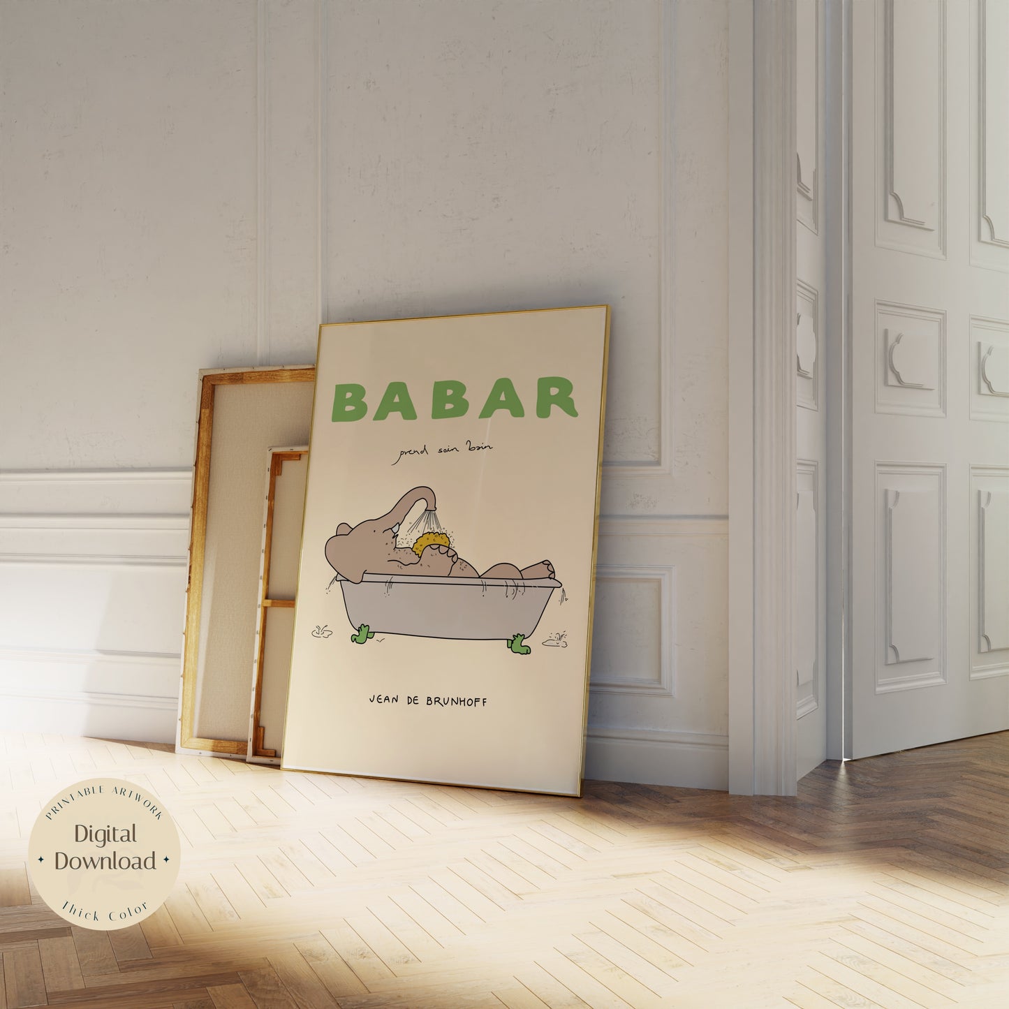 Babar the elephant prend le bain nursery wall art retro kids decor quote wall art genre neutral baby wall art illustration nursery print