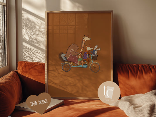 Woodland Animals Friend Riding a Bicycle Pile Nursery print