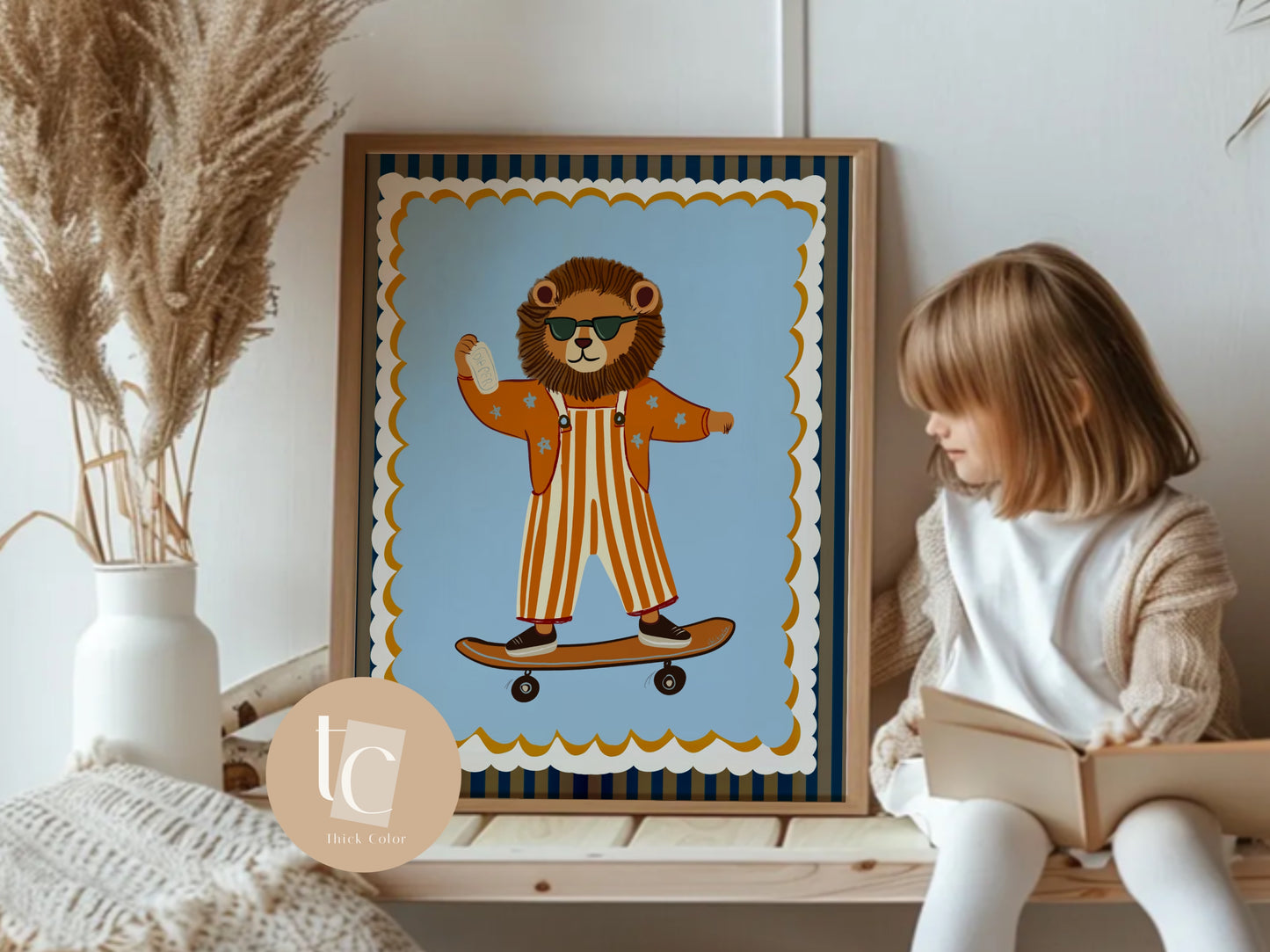 Cute lion with striped outfit skateboarding Nursery print