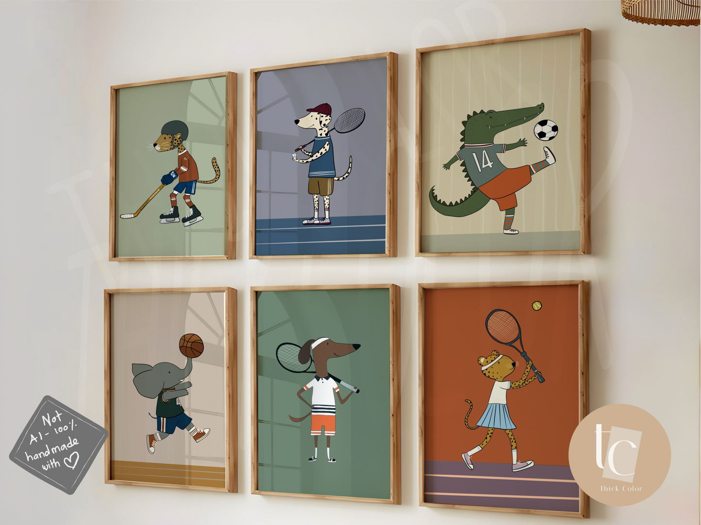 Set of 6 woodland animals playing sports cute nursery prints