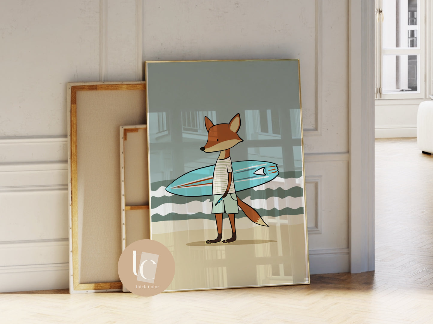 Cute fox with surfboard Nursery print
