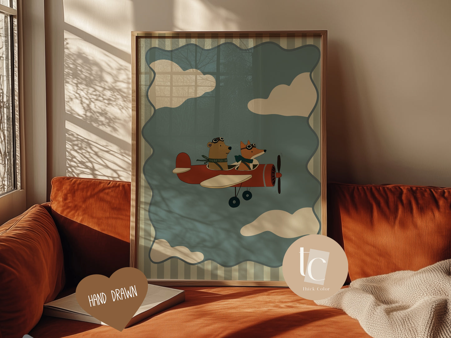 Cute Fox And Bear flying a jet plane with striped background Nursery print