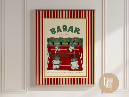 Babar the elephant tennis nursery wall art retro kids decor quote wall art genre neutral baby wall art illustration nursery print
