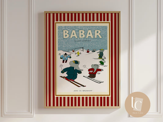 Babar the elephant va skier ski nursery wall art retro kids decor quote wall art genre neutral baby wall art illustration nursery print