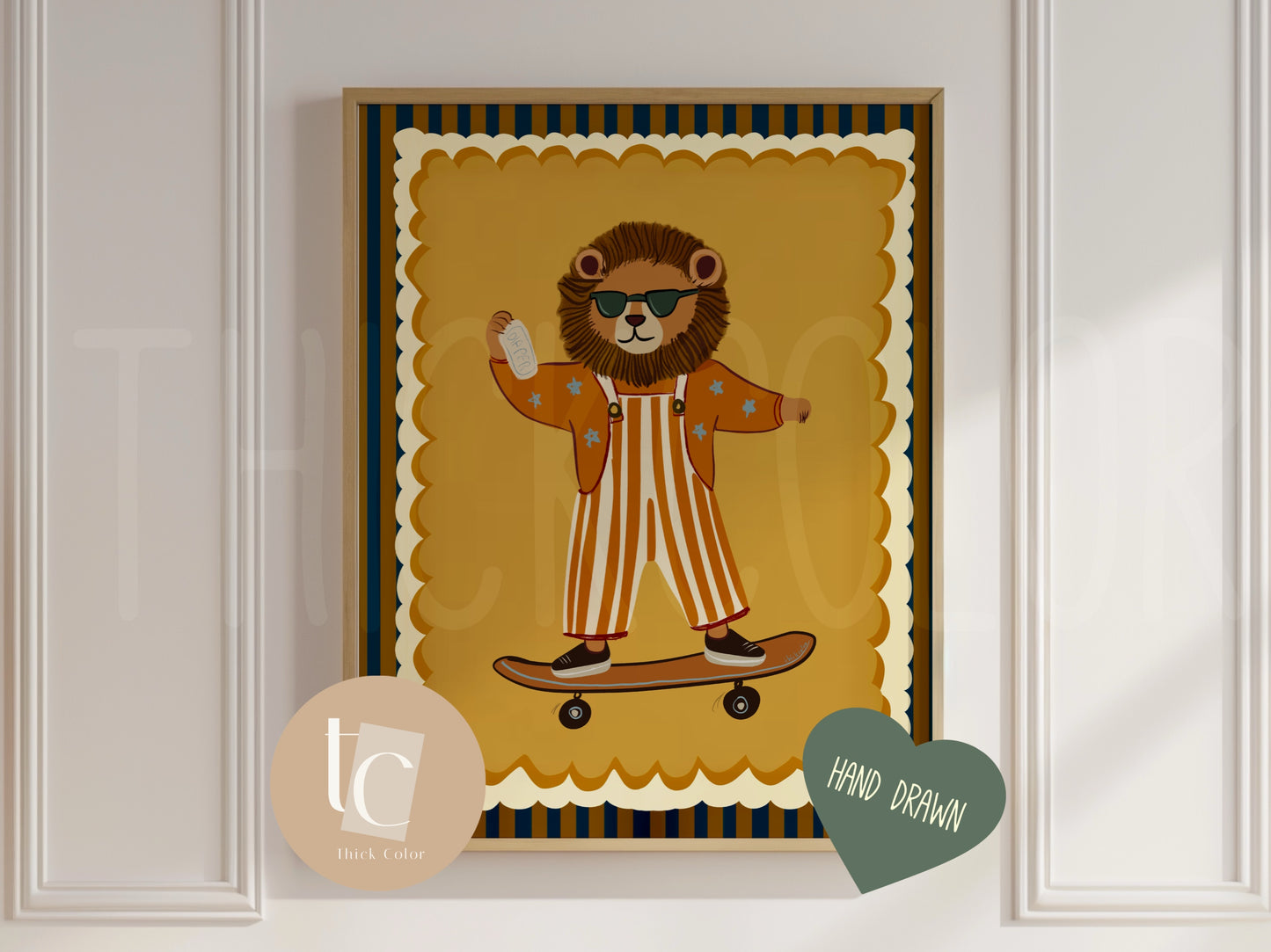 Cute lion with striped outfit skateboarding Nursery print