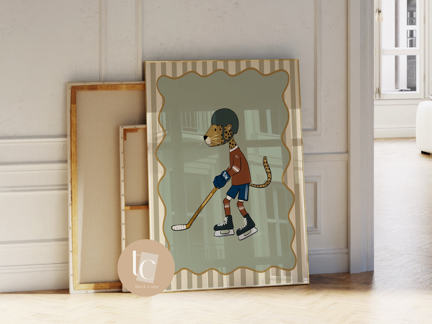 Cute leopard playing hockey with striped background Nursery print