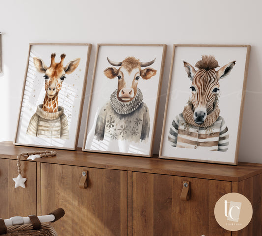Set of 3 Nursery wall art safari animals nursery print  gender neutral baby wall art illustration nursery print