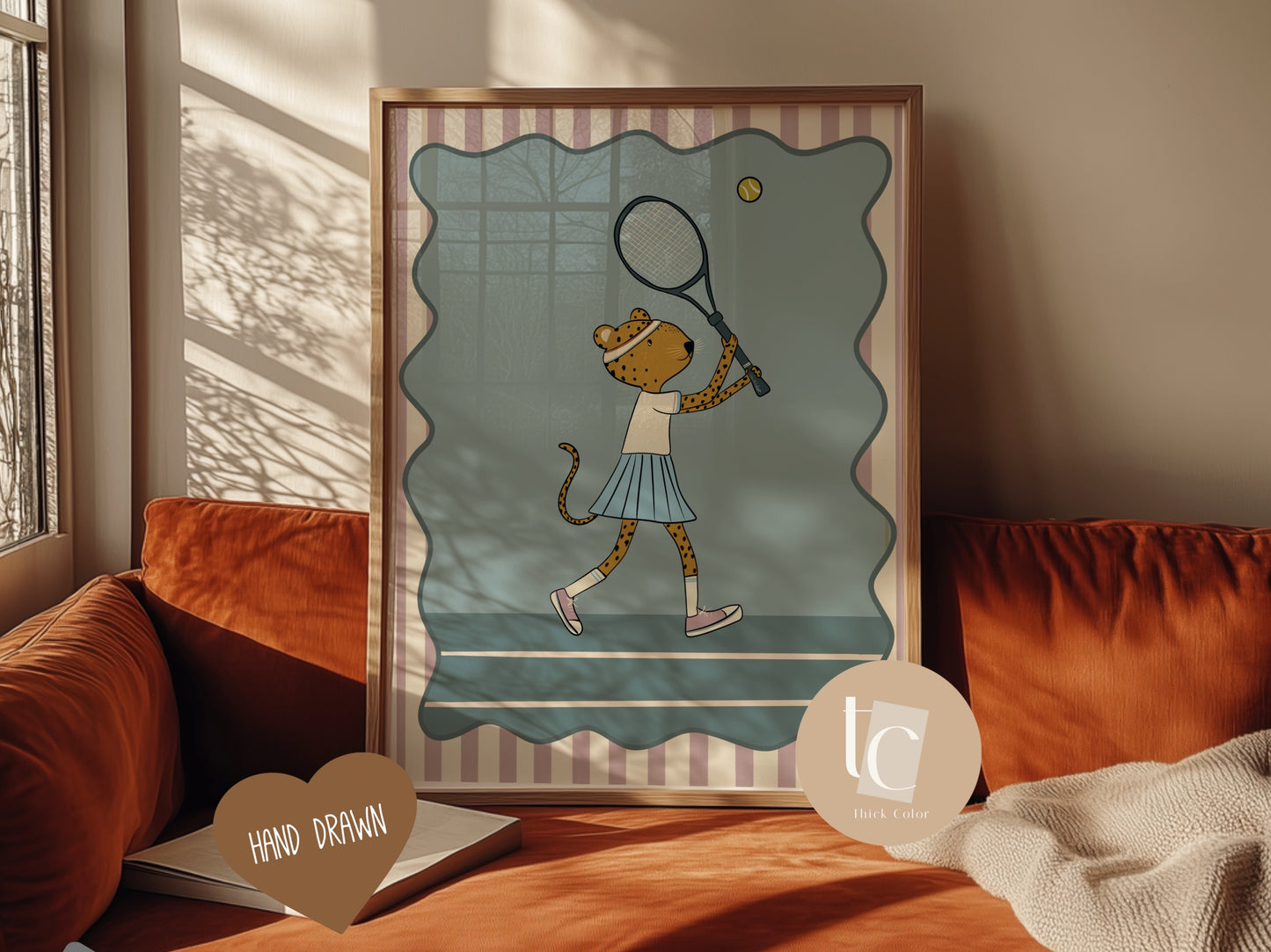Cute leopard playing tennis with striped background Nursery print