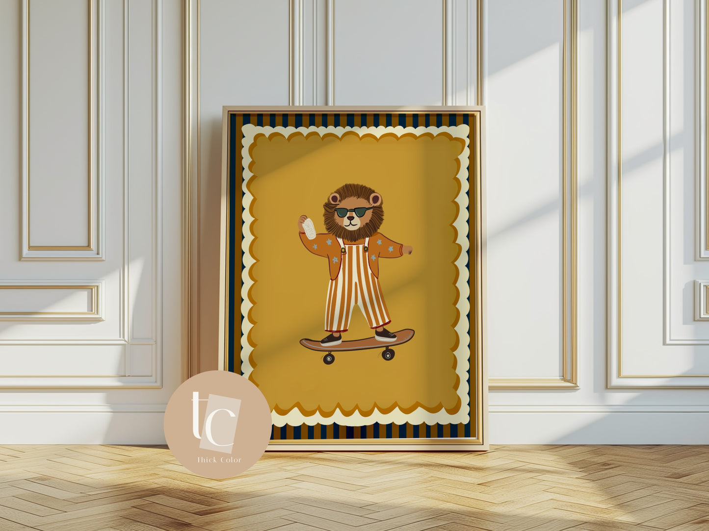 Cute lion with striped outfit skateboarding Nursery print