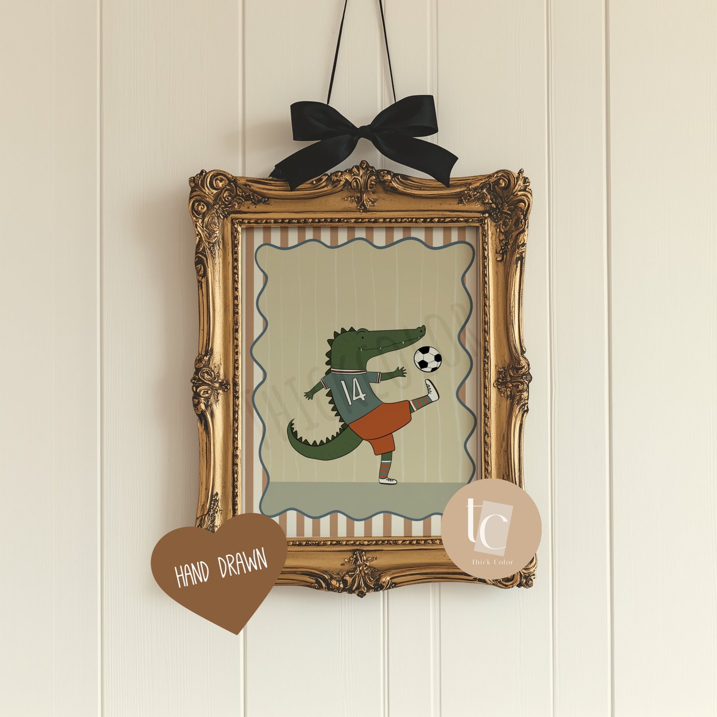 Cute Crocodile playing soccer with striped background Nursery print