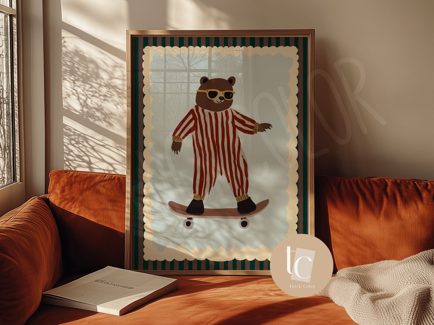 Cute bear with striped outfit skateboarding Nursery print