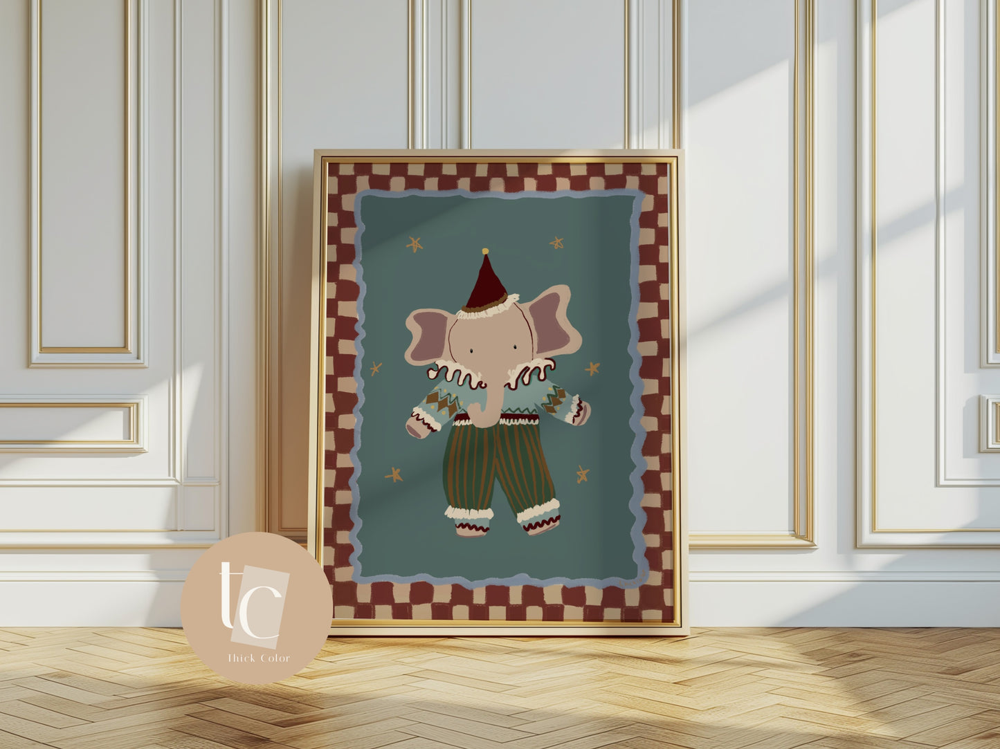 Whimsical elephant with red hat nursery print