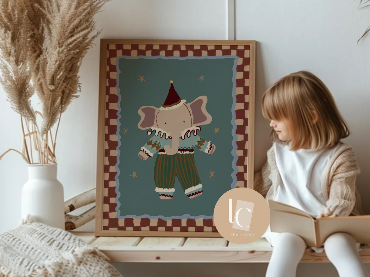 Whimsical elephant with red hat nursery print