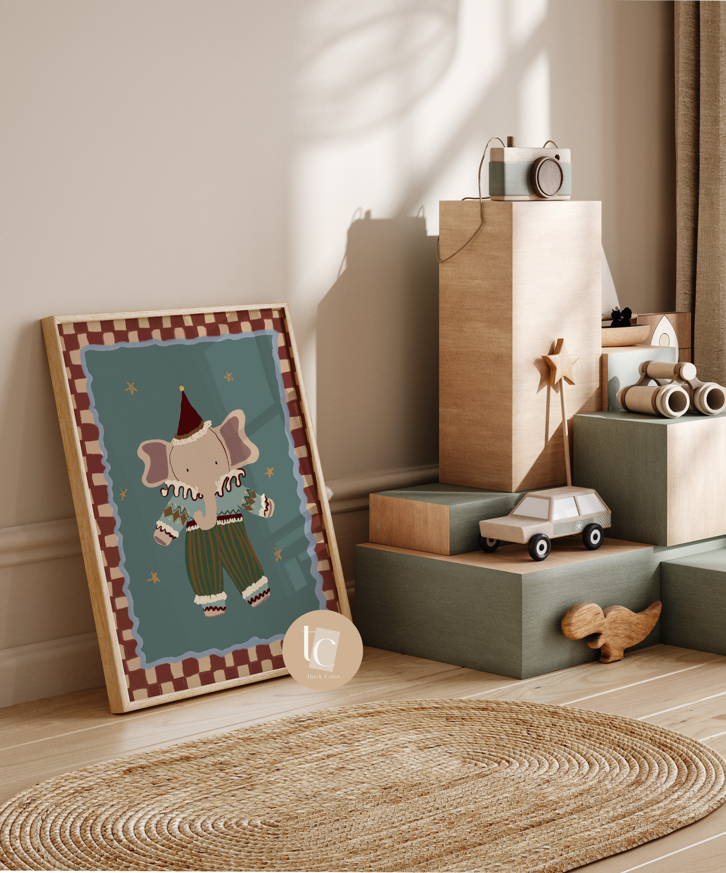 Whimsical elephant with red hat nursery print
