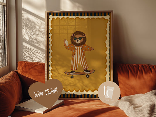 Cute lion with striped outfit skateboarding Nursery print